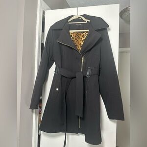 Via Spiga Black Water Resistant Trench Coat with Leopard Print Lining - L